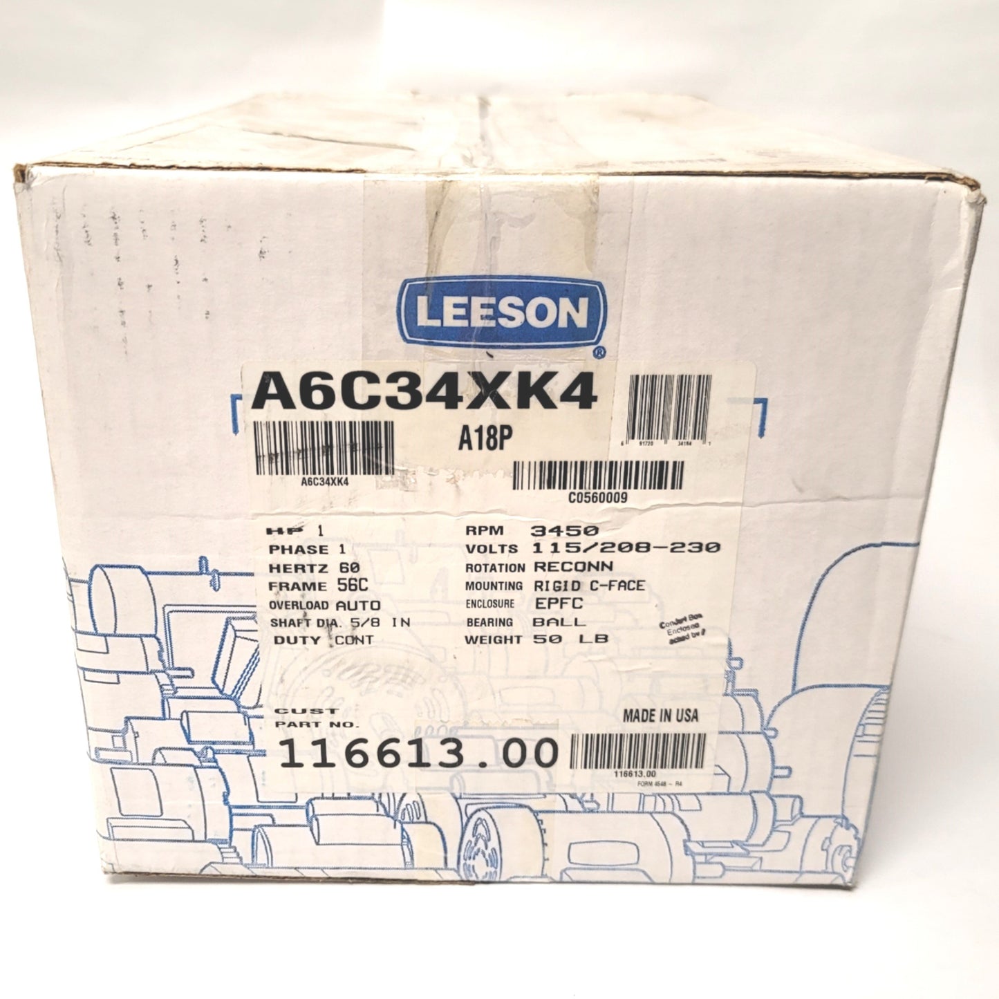 New Leeson 116613.00 Explosion Proof Motor 1HP, 115/208-230VAC 1Ph, 3450RPM, 56C