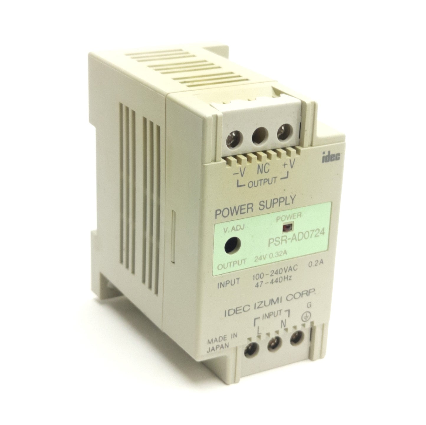Used Idec Izumi PSR-AD0724 Power Supply 100-240VAC 0.2A In, 24VDC 0.32A Output