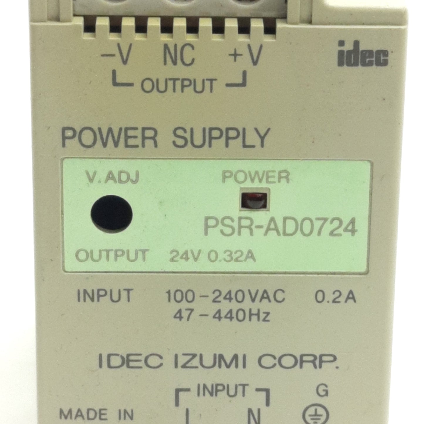 Used Idec Izumi PSR-AD0724 Power Supply 100-240VAC 0.2A In, 24VDC 0.32A Output