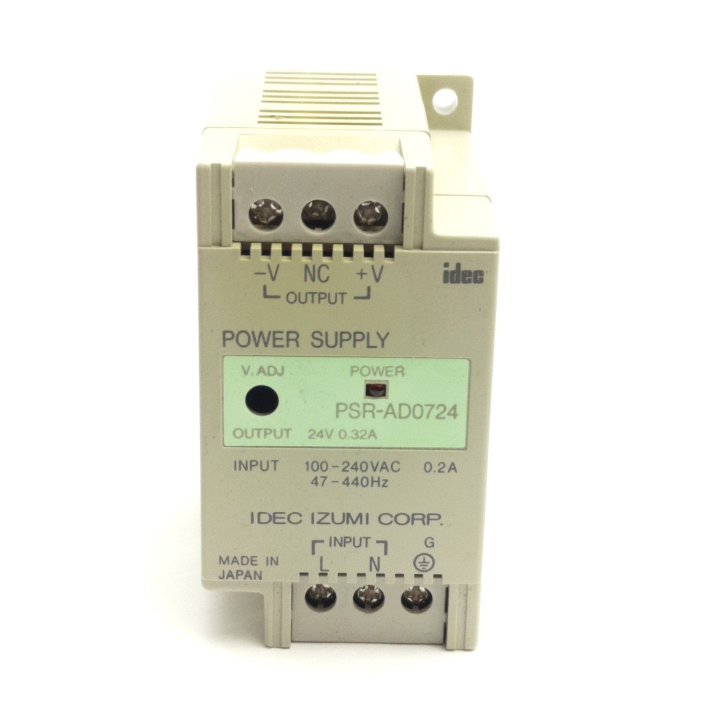 Used Idec Izumi PSR-AD0724 Power Supply 100-240VAC 0.2A In, 24VDC 0.32A Output