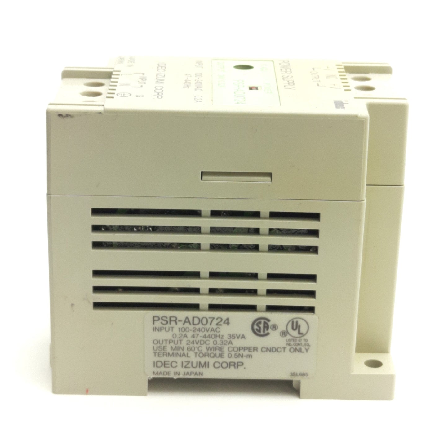 Used Idec Izumi PSR-AD0724 Power Supply 100-240VAC 0.2A In, 24VDC 0.32A Output