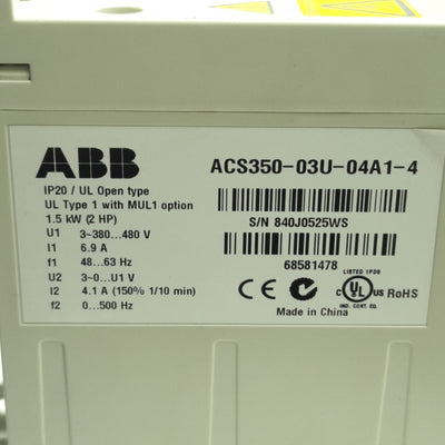 Used ABB ACS350-03U-04A1-4 Variable Freq AC Drive 380-480VAC 3-Ph, 3 Outputs/2 Inputs