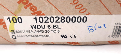 New Lot of 100 Weidmuller 1020280000 Feed Through Terminal Block 600V, 45A, 20-8AWG