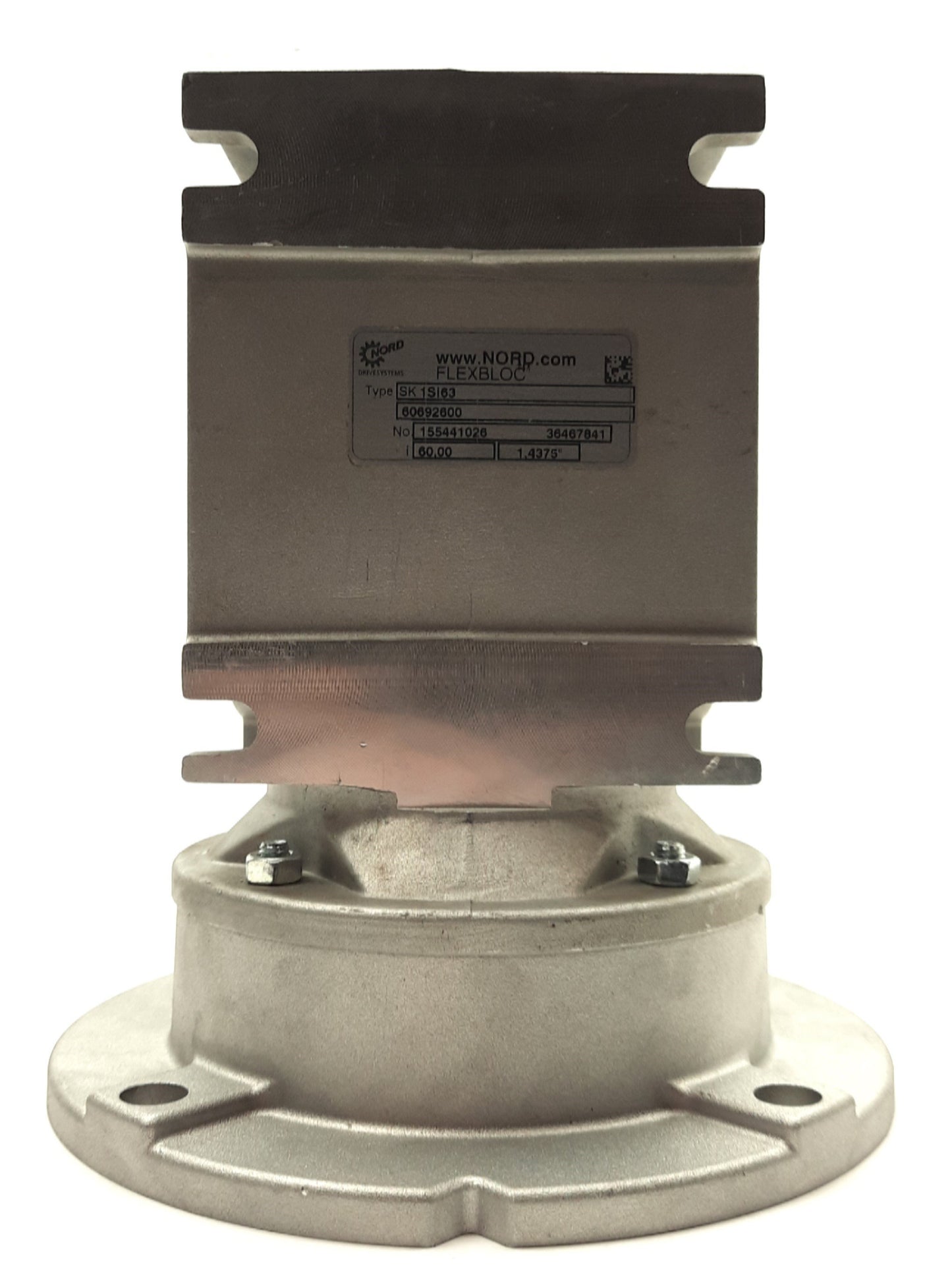 Used NORD SK 1SI63 Right Angle Gearhead, 60:1, 1150lb-in, 5/8" to 1 7/16" Shaft, 56C