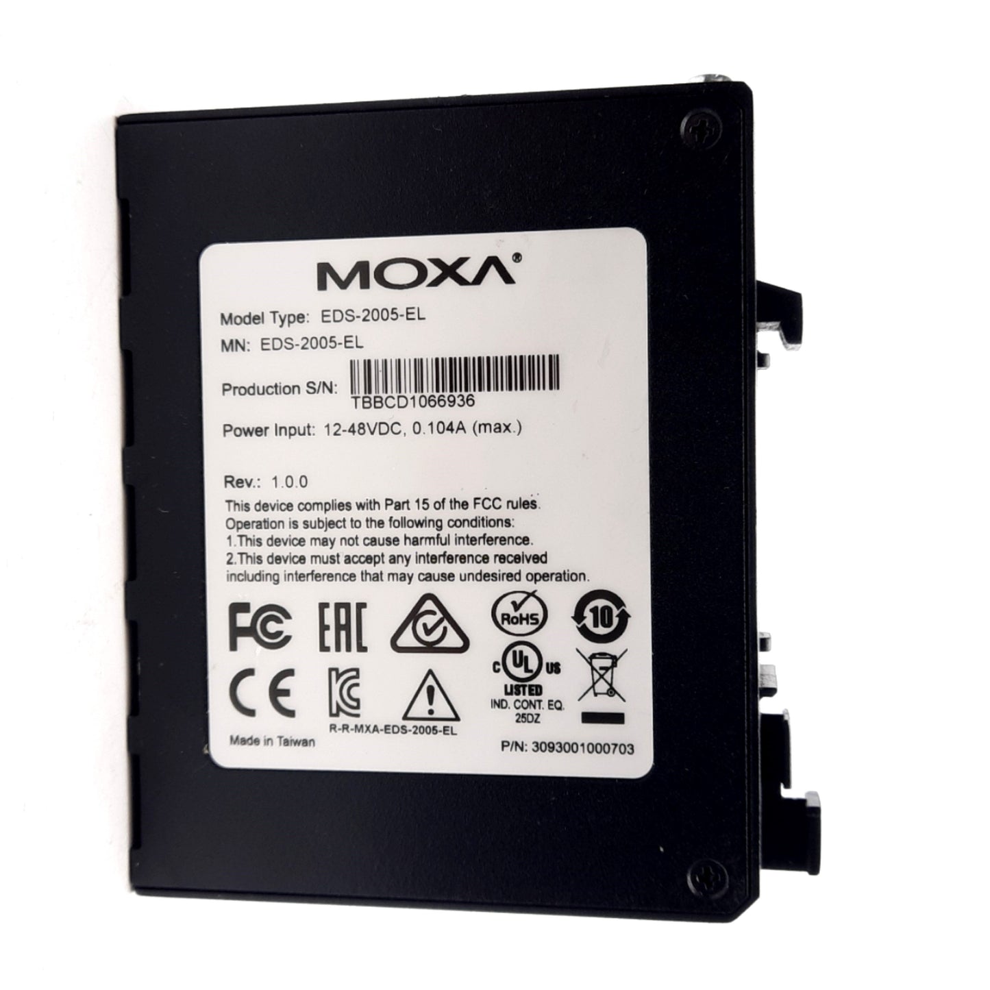 Used Moxa EDS-2005-EL Unmanaged Ethernet Switch, 5-Port, 12-48VDC 0.104A, DIN Rail