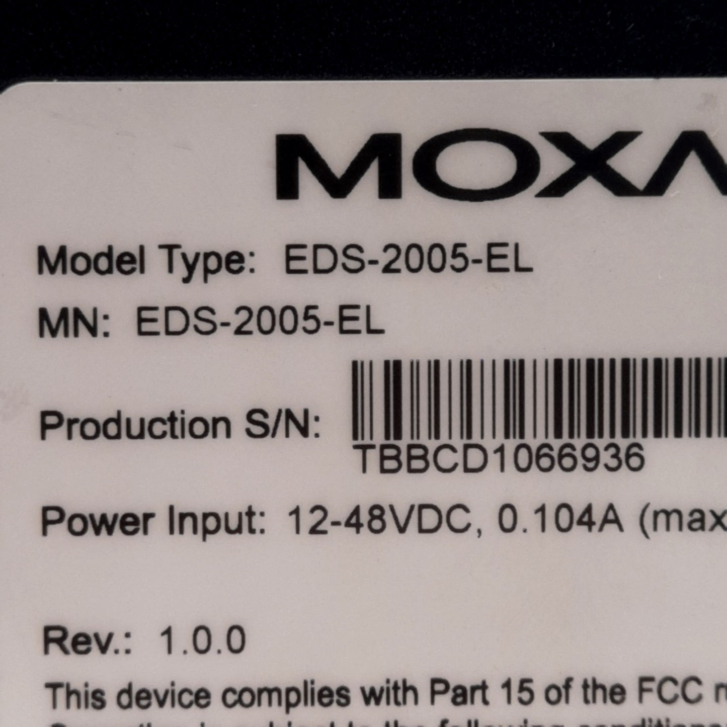 Used Moxa EDS-2005-EL Unmanaged Ethernet Switch, 5-Port, 12-48VDC 0.104A, DIN Rail