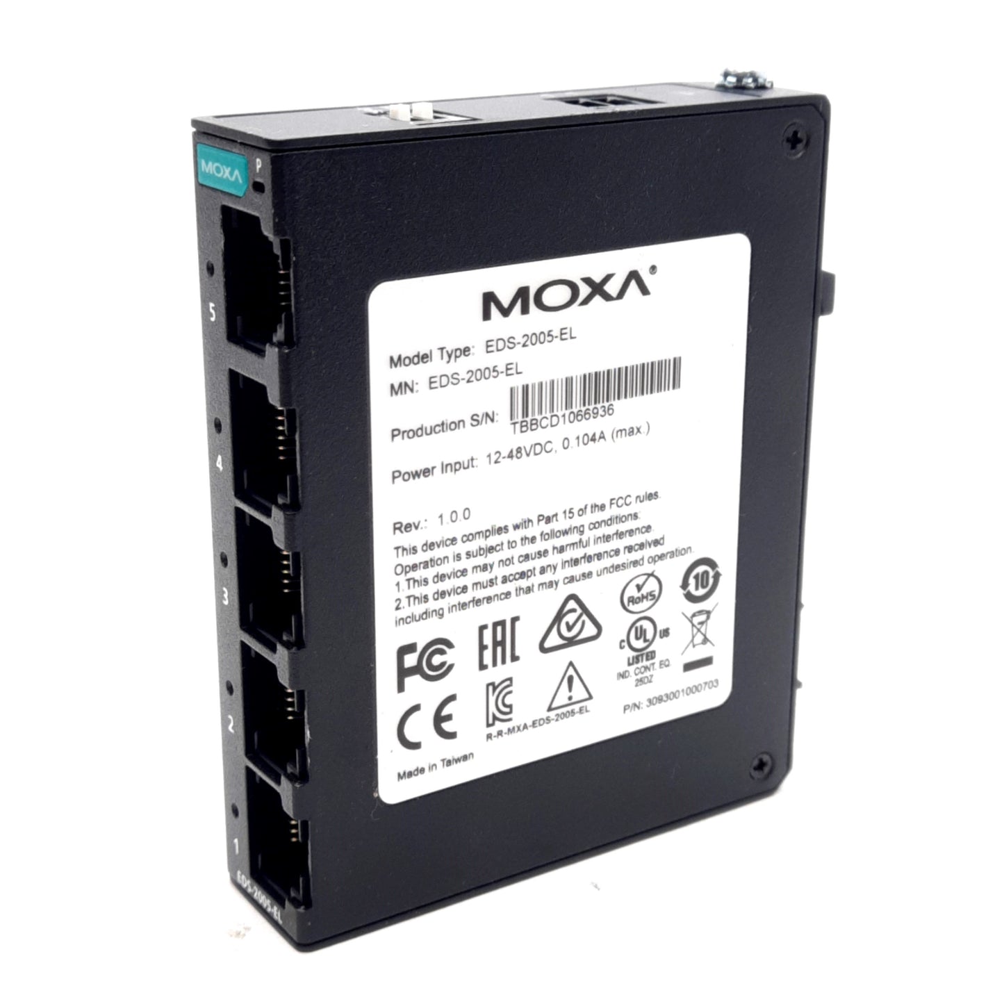 Used Moxa EDS-2005-EL Unmanaged Ethernet Switch, 5-Port, 12-48VDC 0.104A, DIN Rail