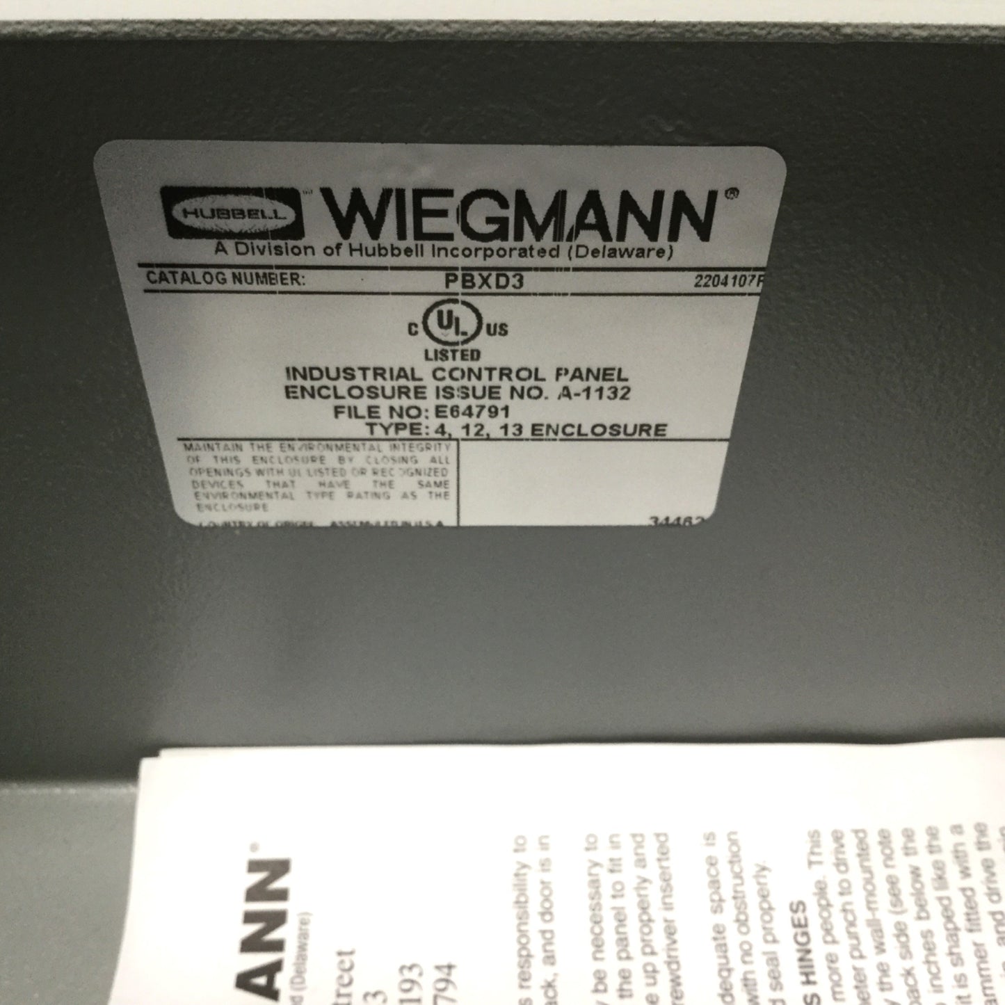 New – Open box Wiegmann PBXD3 Steel Pushbutton Enclosure Box, Gray, 3-Hole 30mm Type 4/12/13