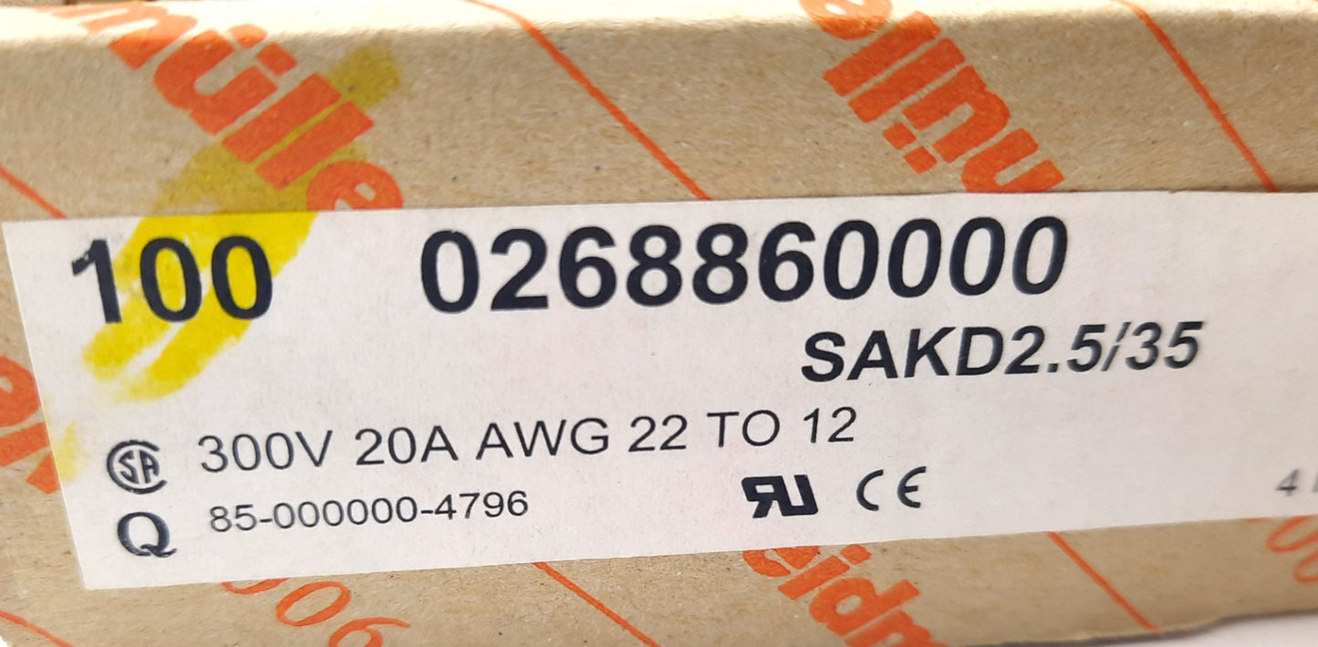 New Lot of 100 Weidmuller 0268860000 Feed Through Terminal Block 300V, 20A, 22-12AWG