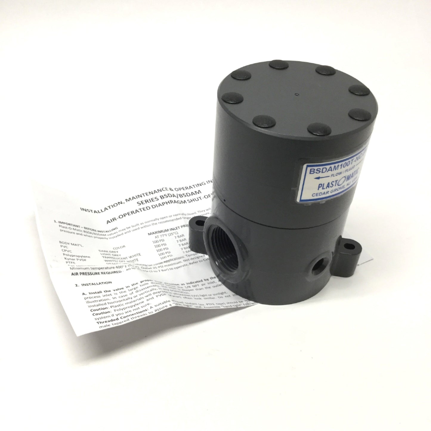 New – Open box Plast-O-Matic BSDAM100T-NC-PV Diaphragm Shut-Off Valve, Air-to-Open, PTFE Seals