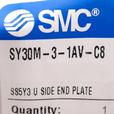 New SMC SY30M-3-1AV-C8 U-Side Manifold End Plate, Internal Pilot, ø8mm One-Touch