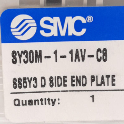 New SMC SY30M-1-1AV-C8 D-Side Manifold End Plate, Internal Pilot, ø8mm One-Touch