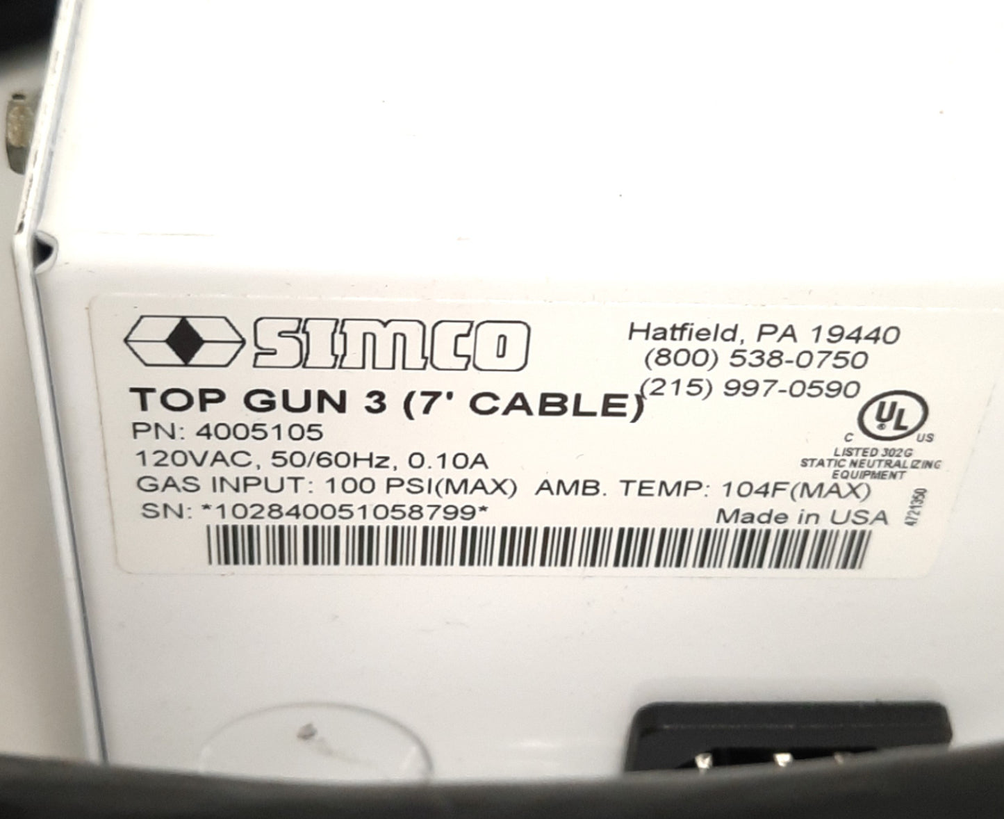 Used Simco Top Gun 3 4005105 Air Ionizer, 120VAC, 100Psi, 7Ft Hose, 7.4SCFM Max