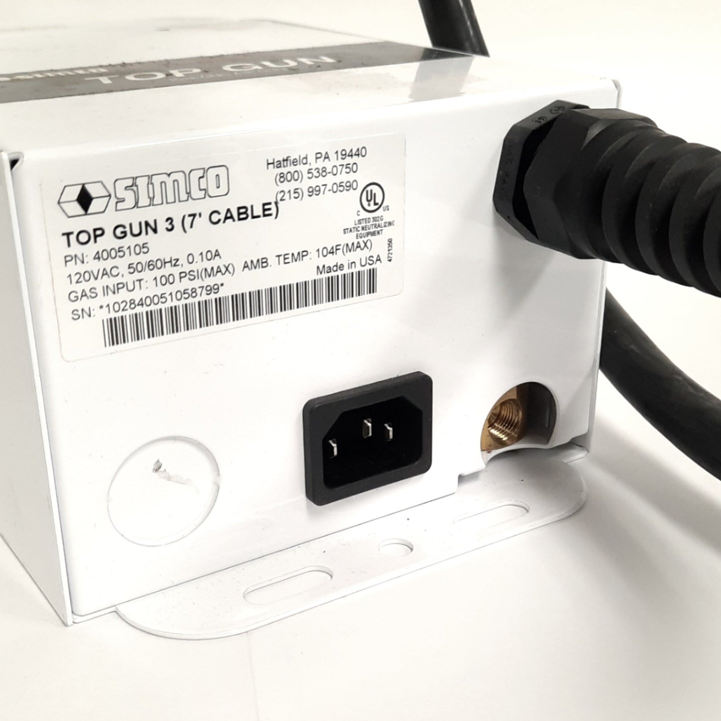 Used Simco Top Gun 3 4005105 Air Ionizer, 120VAC, 100Psi, 7Ft Hose, 7.4SCFM Max