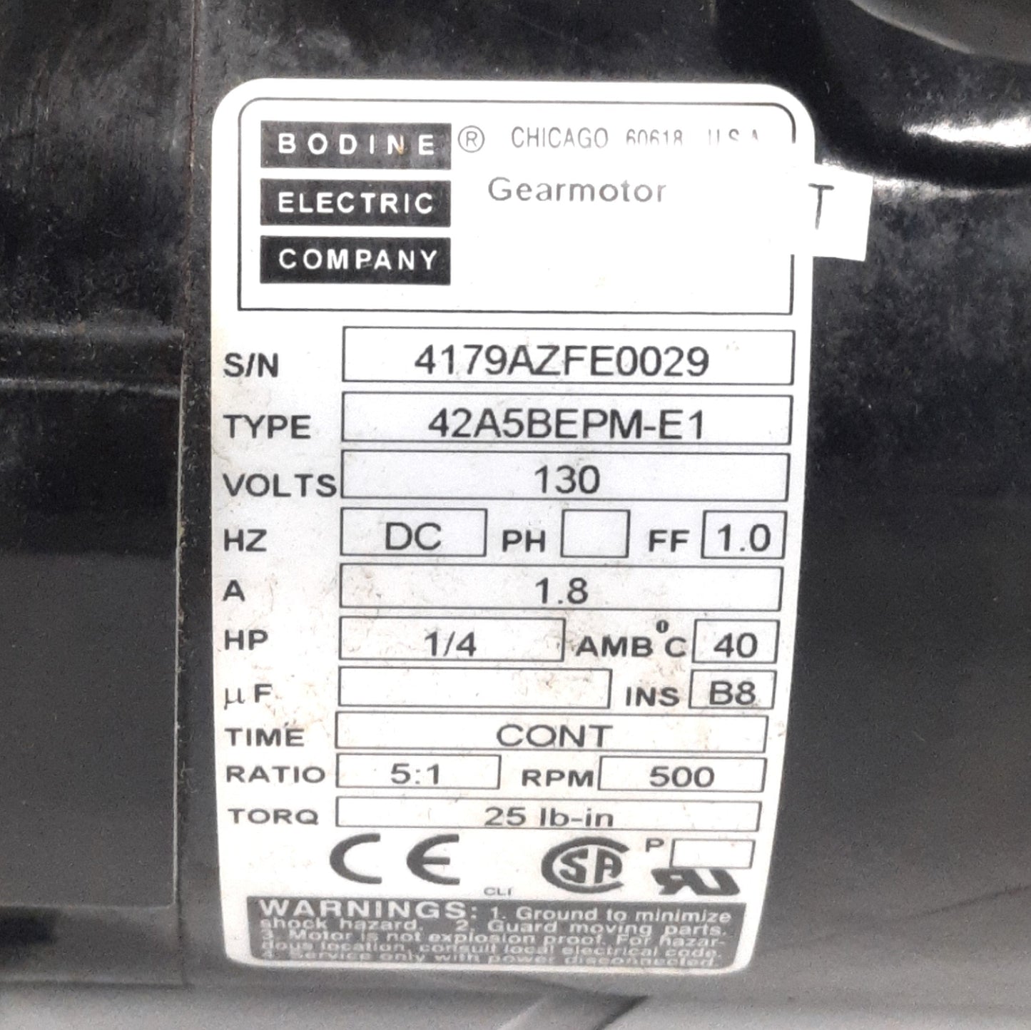 Used Bodine 42A5BEPM-E1 DC Gearmotor 130VDC, 5:1 Ratio, 1/4HP, 500RPM, 25Lb-in