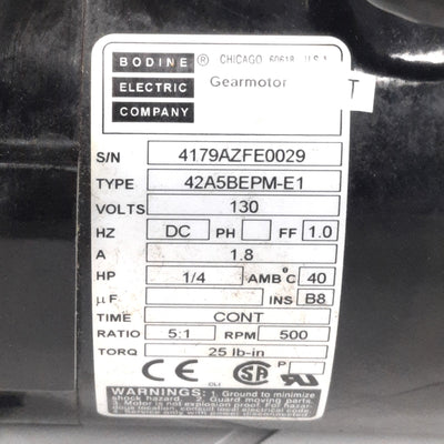 Used Bodine 42A5BEPM-E1 DC Gearmotor 130VDC, 5:1 Ratio, 1/4HP, 500RPM, 25Lb-in