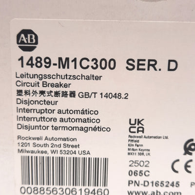 New Allen Bradley 1489-M1C300 Ser. D Circuit Breaker, 277VAC 48VDC, 30A, C-Curve