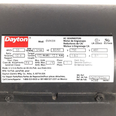 Used Dayton 6MK84 Gearmotor 230/460VAC 3-Ph, 10:1 Reduction, 1/3HP, 173/144RPM