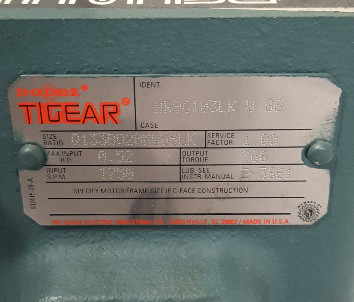 Used Dodge MR96103LKUBB Tigear Reducer, 13 Case, C-Face, 20:1, 56C Frame, 1HP Rating