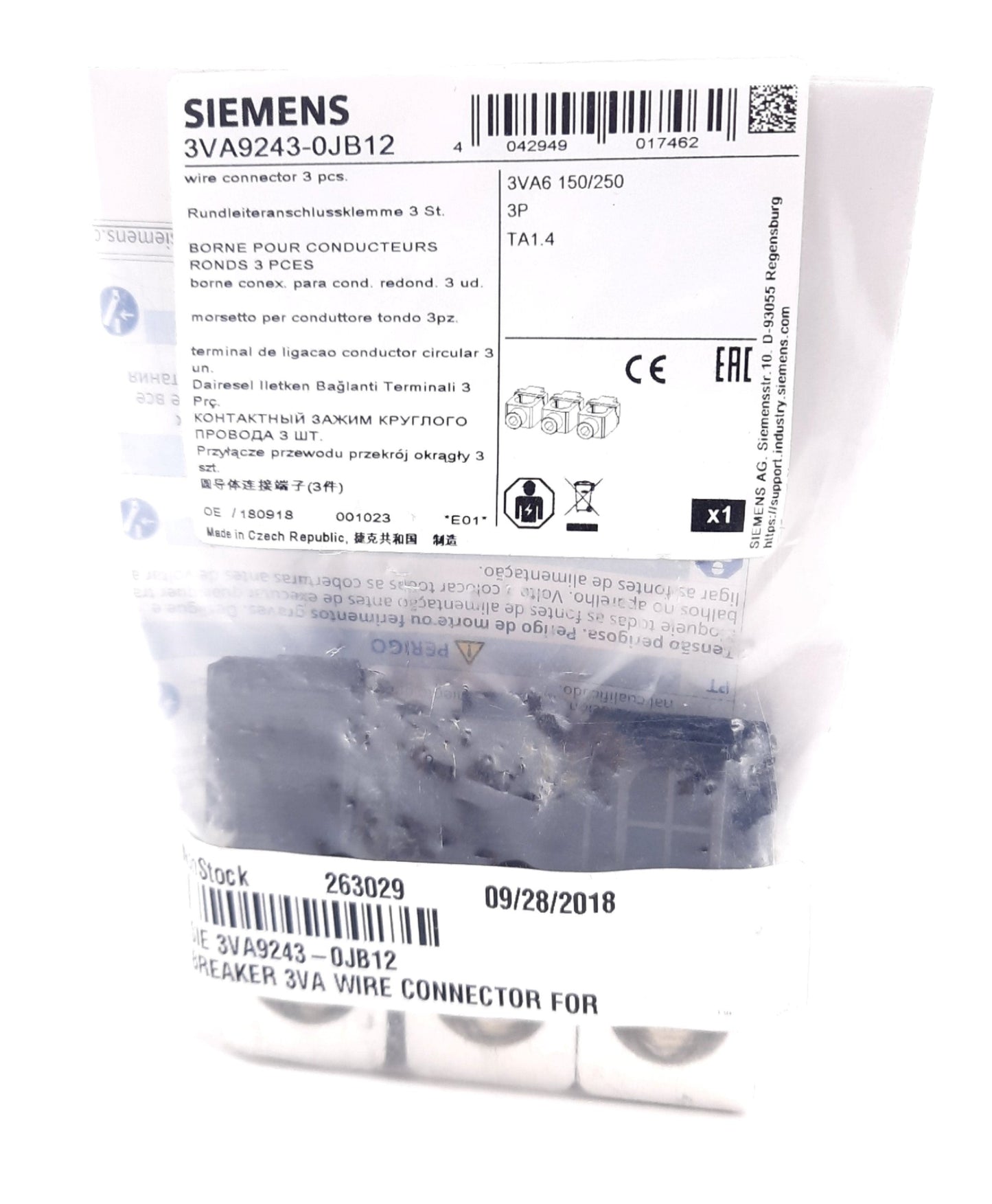 New Siemens 3VA9243-0JB12 Wire Connector Terminal Kit 3 Single Lugs 6AWG - 350 kcmil