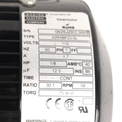 Used Bodine 42R4BFCI-5L AC Right-Angle Gearmotor 57RPM, 115VAC, 1/8HP, 30:1 Ratio