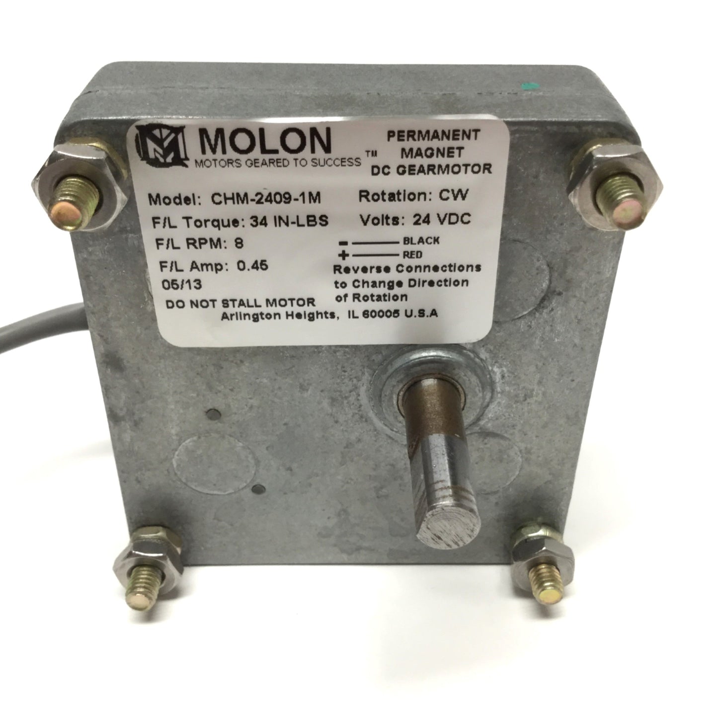 Used Molon CHM-2409-1M Permanent Magnet DC Gearmotor 24VDC CW 34in-lb, 8RPM