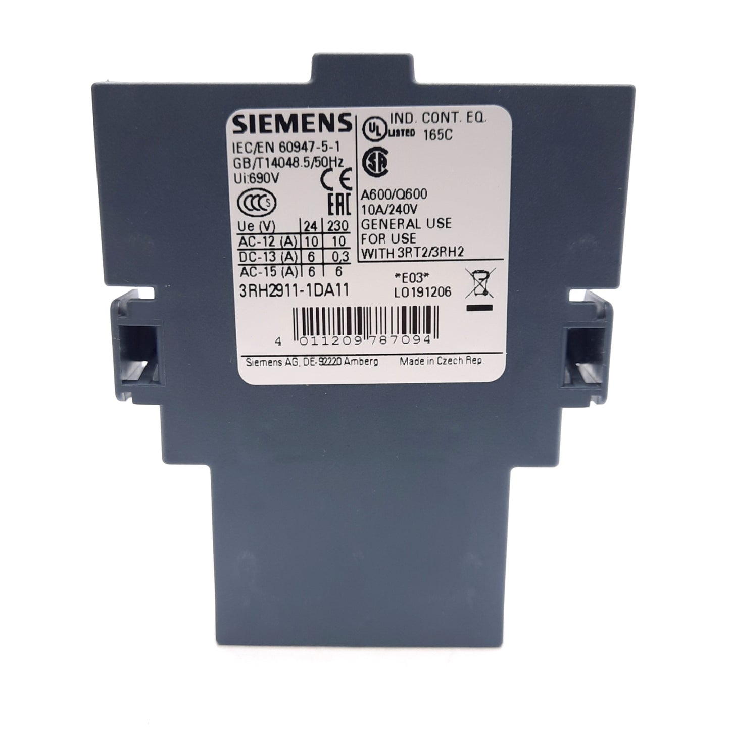New – Open box Siemens 3RH2911-1DA11 Auxiliary Contact Block, 1NC + 1NO, 240V 10A Rating