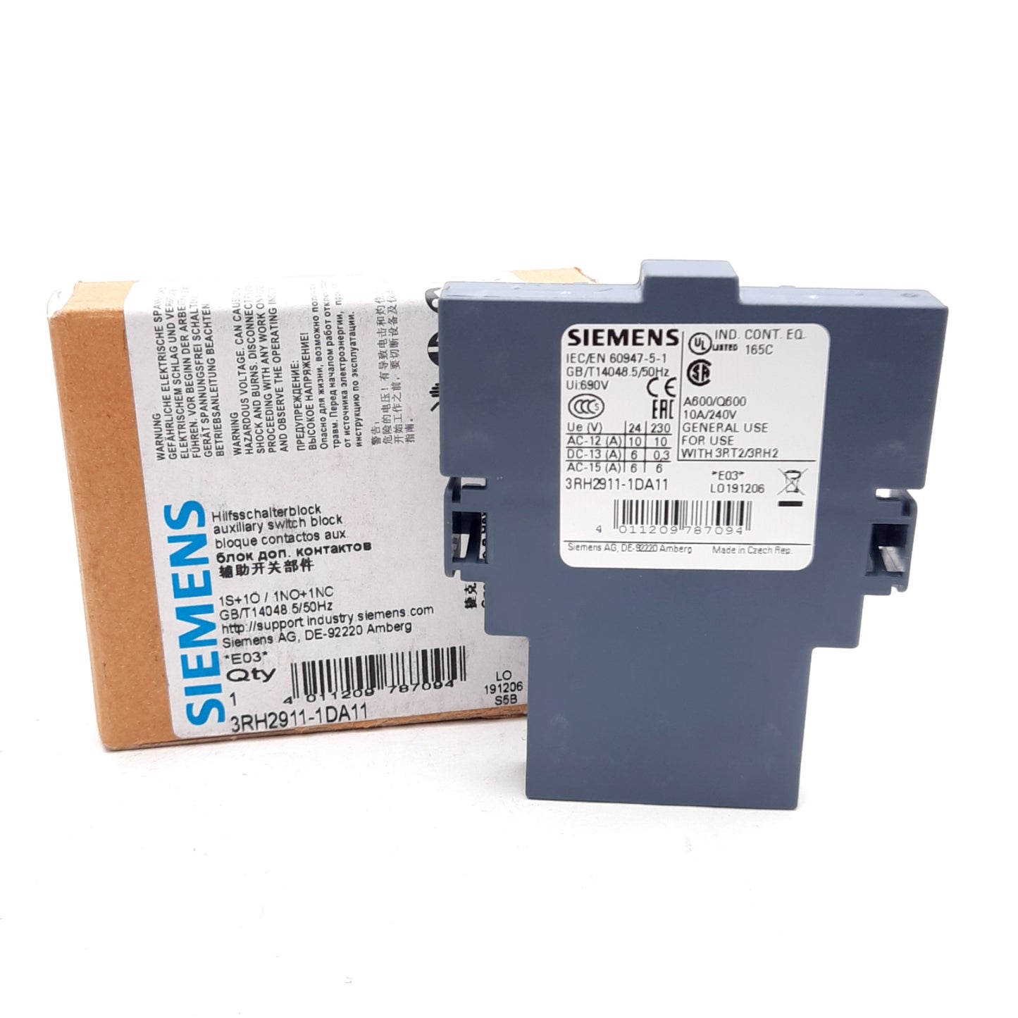 New – Open box Siemens 3RH2911-1DA11 Auxiliary Contact Block, 1NC + 1NO, 240V 10A Rating