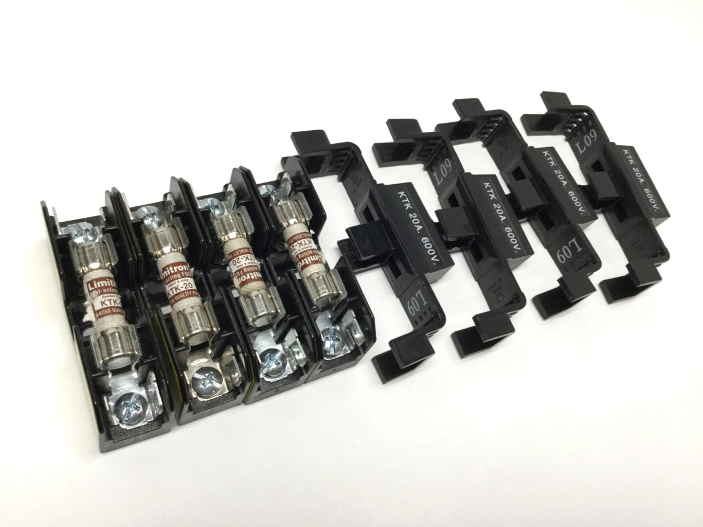 Used Lot of 4 Bussman BM6031SQ Fuse Holder Blocks, 30A, 600V, 1-Pole w/ KTK-20A