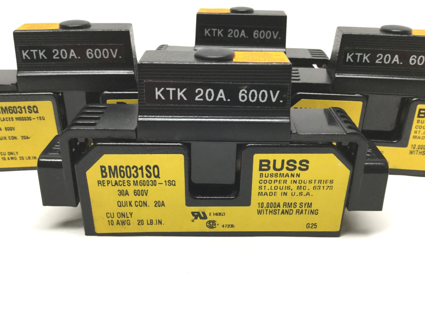 Used Lot of 4 Bussman BM6031SQ Fuse Holder Blocks, 30A, 600V, 1-Pole w/ KTK-20A