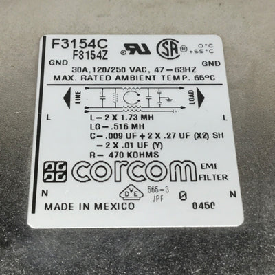 Used Corcom F3154C F3154Z Power Line Filter EMI/RFI, Single-Phase 120/250VAC, 30A