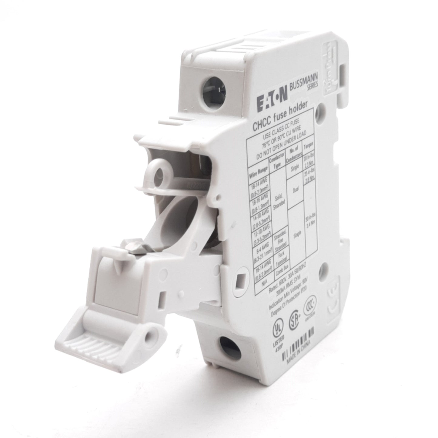 Used Bussmann CHCC1DIU Fuse holder, 1-Pole, 600V 30A, Class CC 10x38 Fuses, DIN Rail