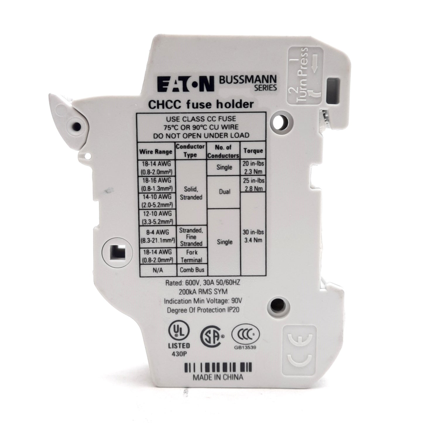 Used Bussmann CHCC1DIU Fuse holder, 1-Pole, 600V 30A, Class CC 10x38 Fuses, DIN Rail