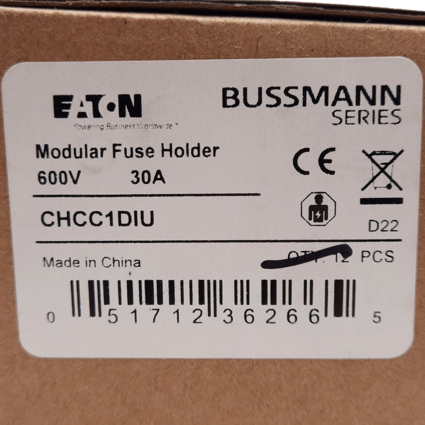 Used Bussmann CHCC1DIU Fuse holder, 1-Pole, 600V 30A, Class CC 10x38 Fuses, DIN Rail