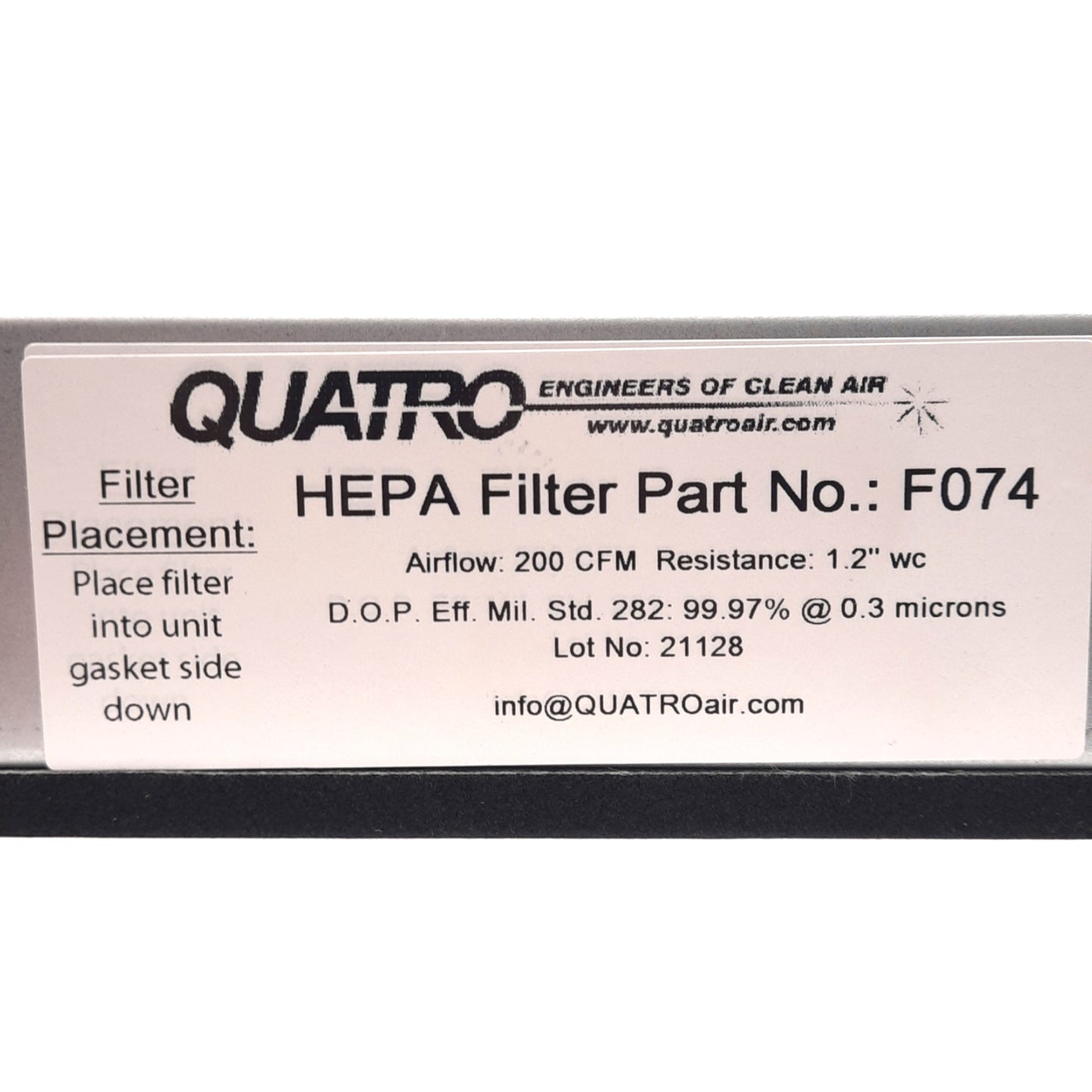 New – Open box Quatro F074 HEPA Filter Replacement 100cfm Flow Rate, 0.3µm Filtration, MERV 17