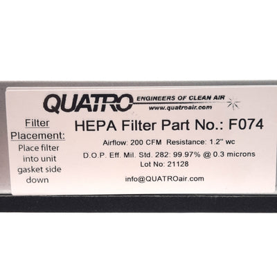 New – Open box Quatro F074 HEPA Filter Replacement 100cfm Flow Rate, 0.3µm Filtration, MERV 17