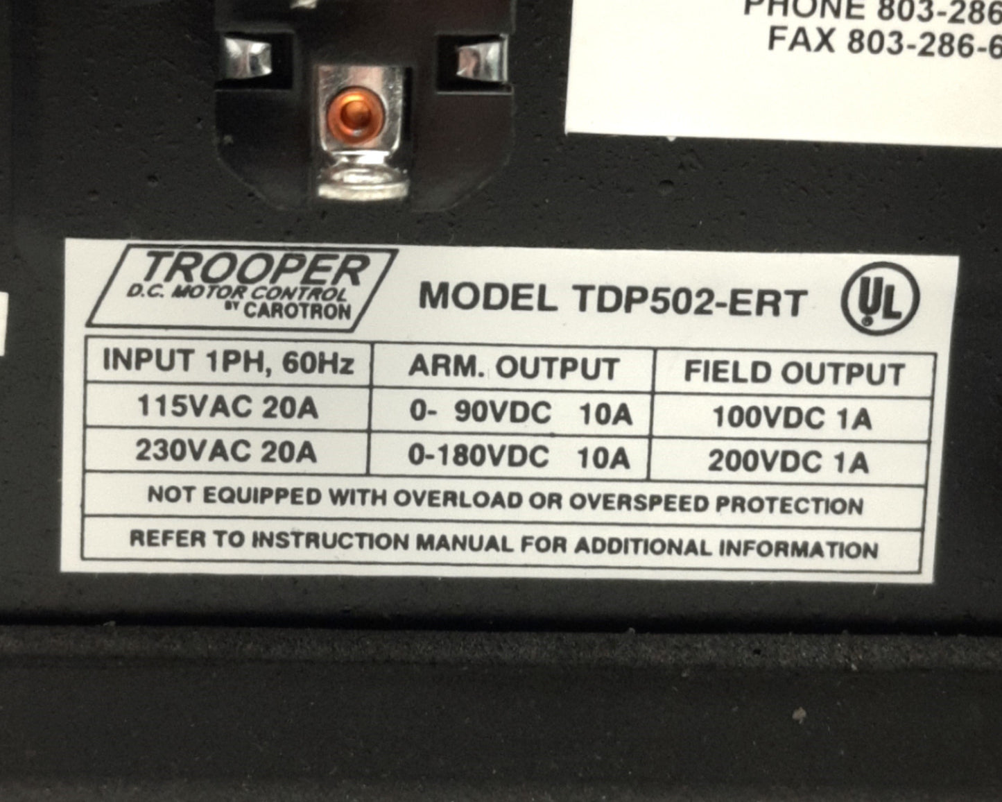 Used Cartron TDP502-ERT Trooper DC Motor Control 115-230VAC Supply, 90-180VDC Output