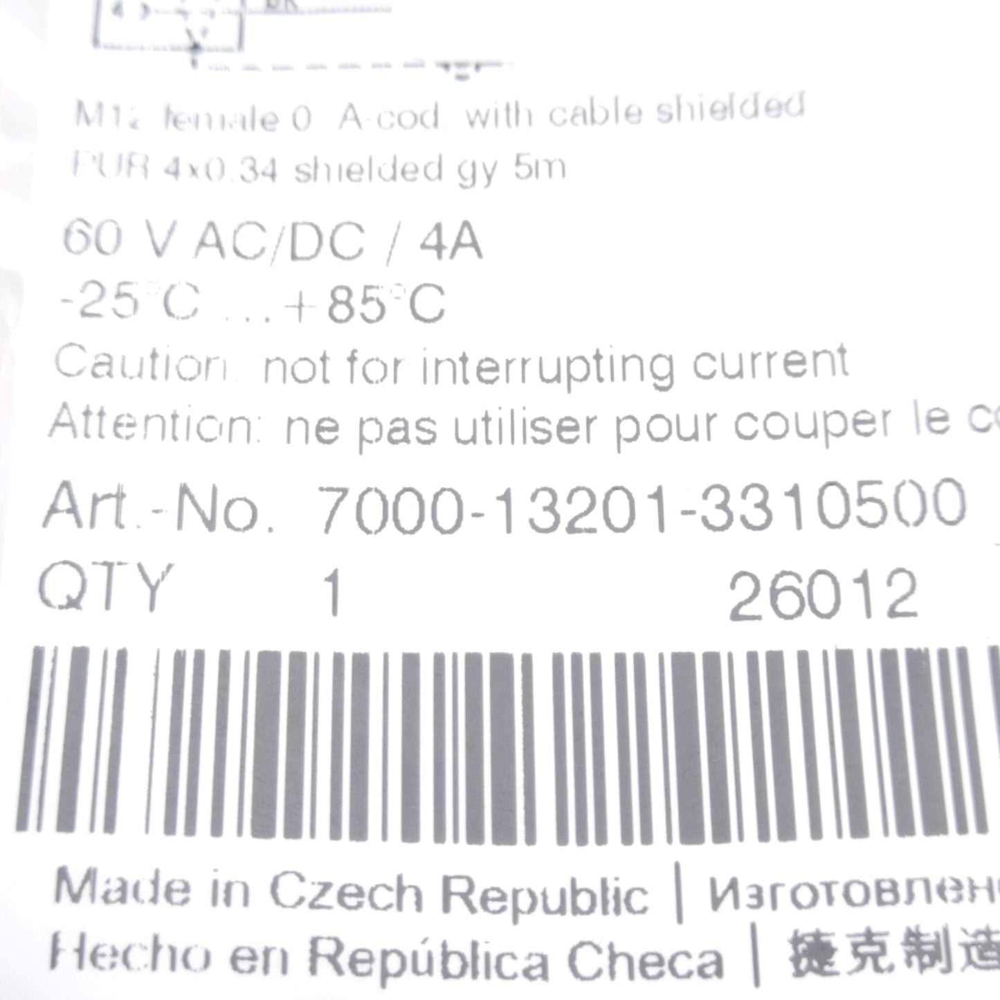 New Murrelektronik 7000-13201-3310500 Shielded Cable 60V 4A, M12 5-Pin Female 0°, 5m