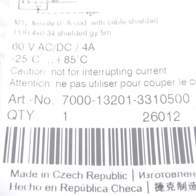 New Murrelektronik 7000-13201-3310500 Shielded Cable 60V 4A, M12 5-Pin Female 0°, 5m