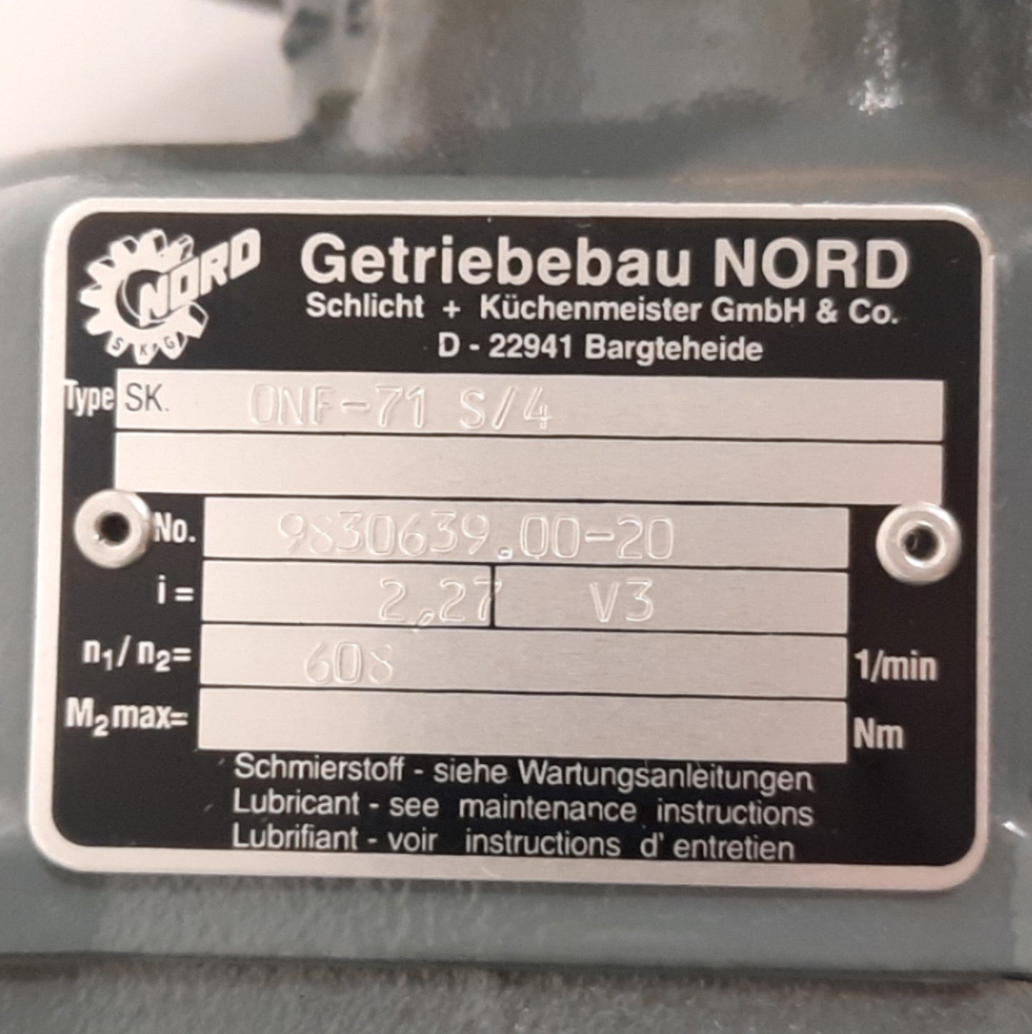 Used Nord SKG 0NF-71S/4 SK71/S4 Gearmotor, 3-Ph 230/480VAC, 2.27:1 Reduction , 608RPM