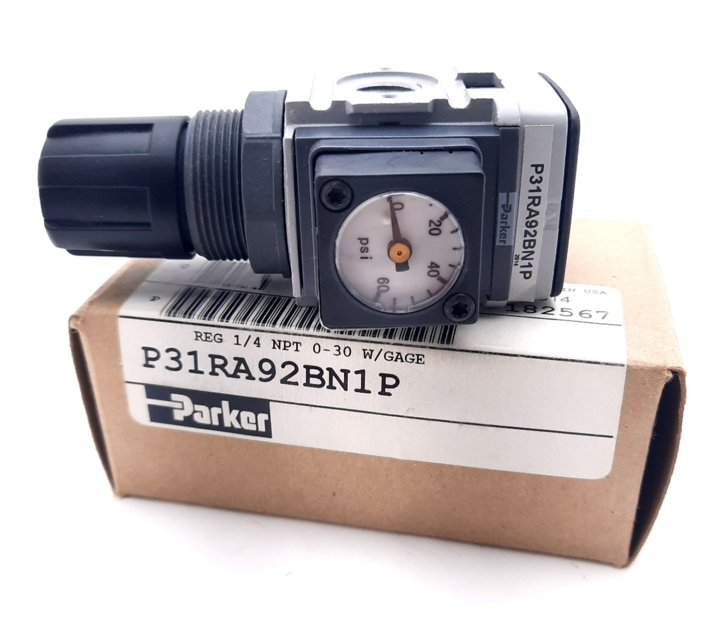 New Parker P31RA92BN1P Mini Global Modular Regulator 1/4" NPT, 300PSI, 0-60PSI Gauge
