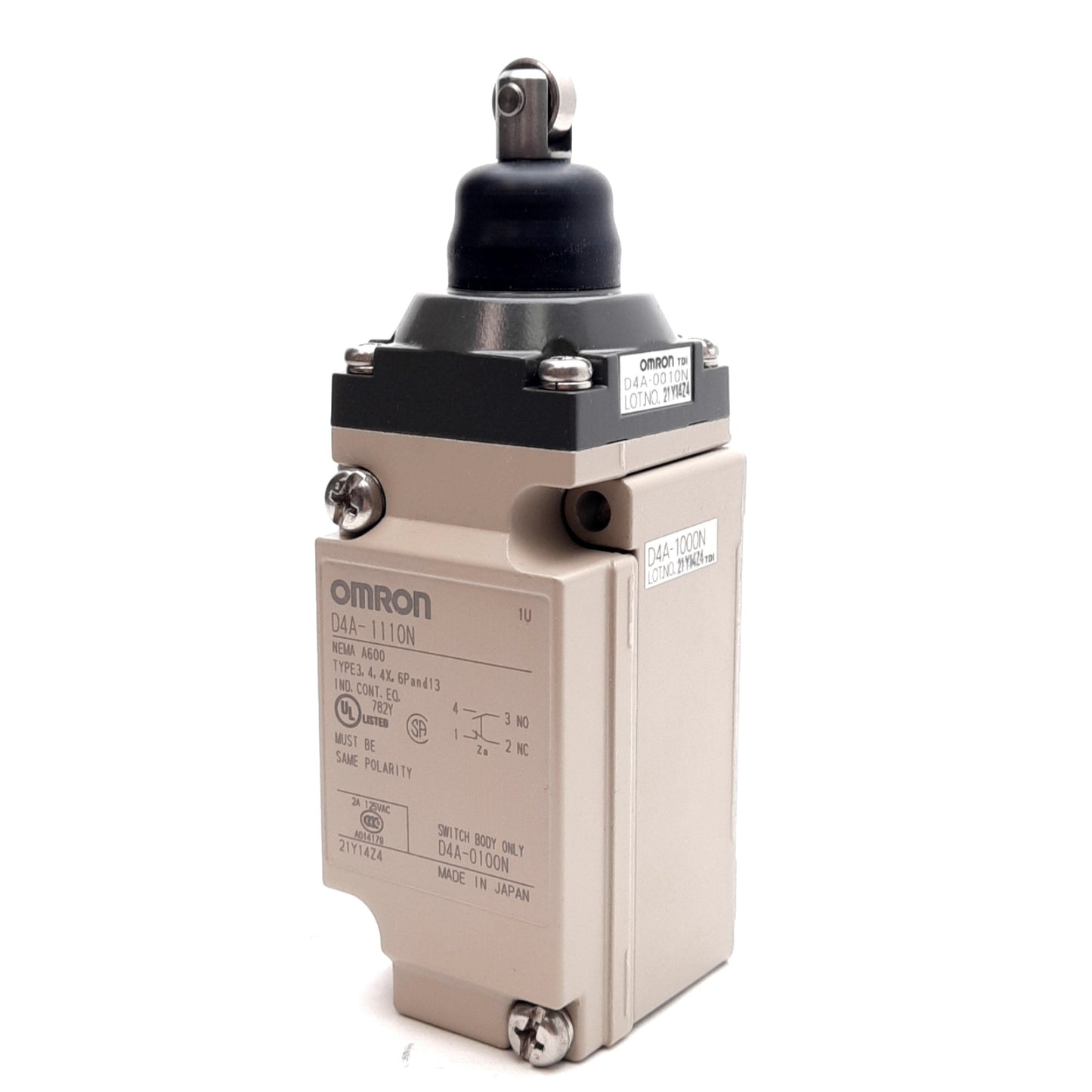 New Omron D4A-1110N Limit Switch, SPDT 1NC + 1NO, 120/240/480/600VAC 10A, 1/2in NPT