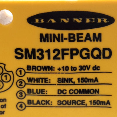 Banner SM312FPGQD Photoelectric Sensor 1ms Response Time 10-30VDC NPN/PNP M12
