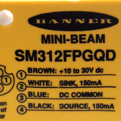 Used Banner SM312FPGQD Photoelectric Sensor 1ms Response Time 10-30VDC NPN/PNP M12