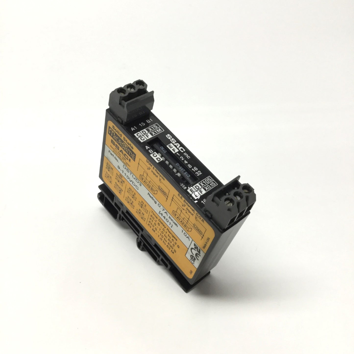 Used SSAC DSTUD3 Solid State Time Delay Relay, 0.1sec to 63min, 9-110VDC, NO 0.7A