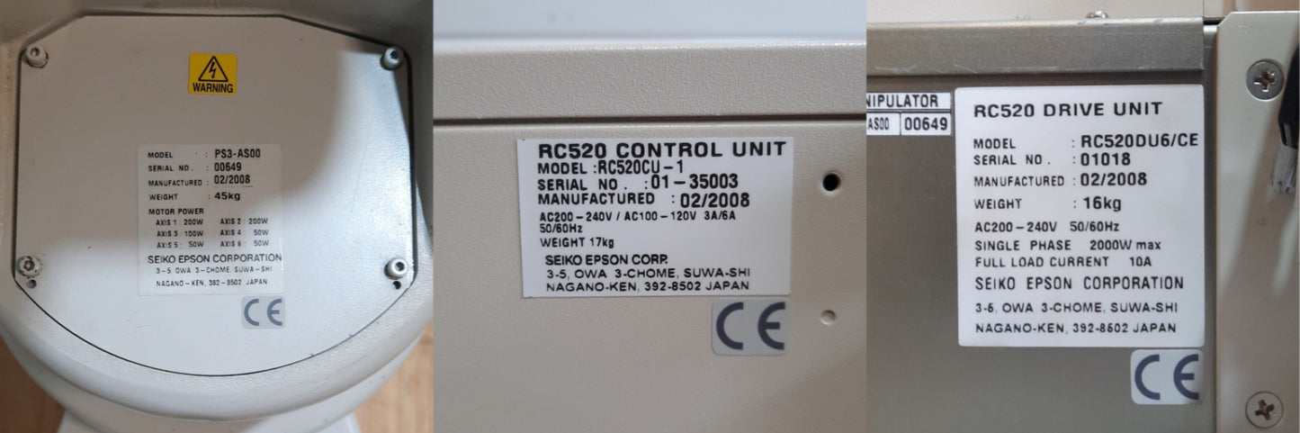 Used EPSON PS3-AS00 RC520 DU6 6-Axis Robot 3kg Load 949mm Reach 230VAC SPEL+/Vision