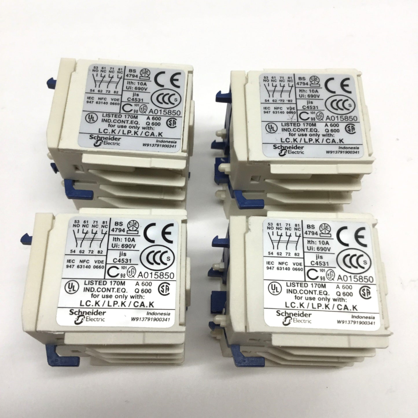 Used Lot of 4 Schneider LA1KN13 TeSys Auxiliary Contact Blocks 1NO-3NC, 10A 600VAC