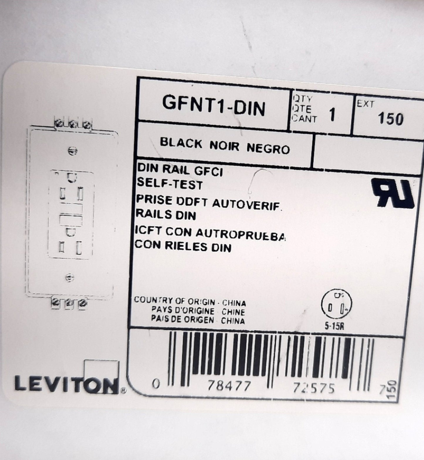 New Leviton GFNT1-DIN Industrial DIN Rail Duplex Receptacle 2 Pole, 15A, 125V, 5-15R