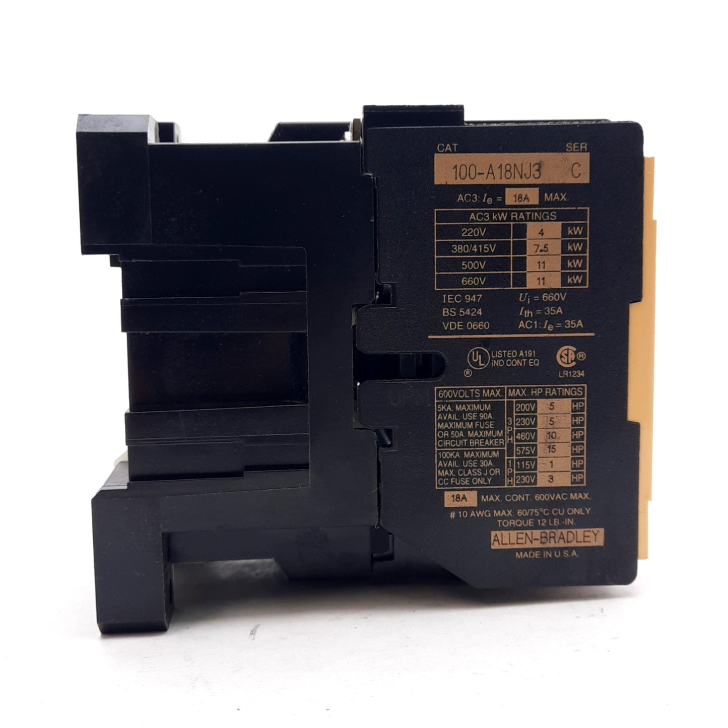 New – Open box Allen Bradley 100-A18NJ3 Contactor, 3-Pole, 600VAC 18A, 24V Coil, DIN Rail