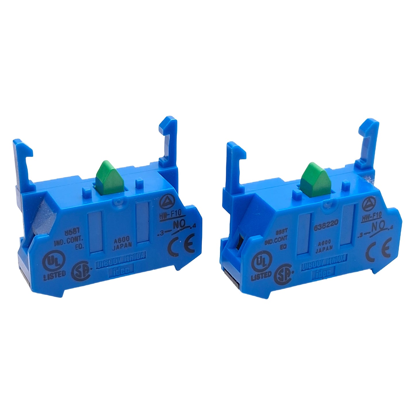Used Lot of 2 Idec HW-F10 Switch Contact Blocks, SPST-NO, 600V 10A, Screw Clamp